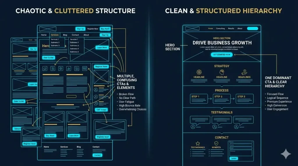 chaotic vs structured website layout showing conversion flow problems and clear hierarchy