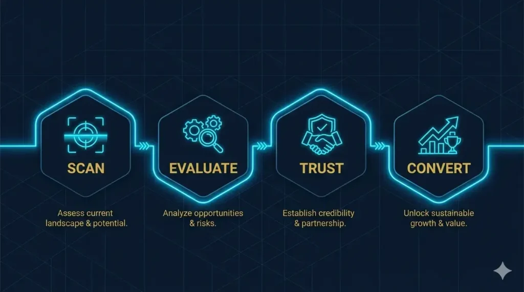 website conversion process showing scan evaluate trust and convert stages