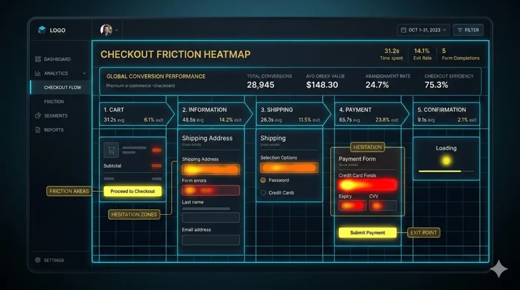 checkout friction heatmap showing user hesitation and drop-off points