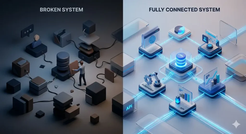 broken vs connected website system architecture showing structural gaps and integrated data flow