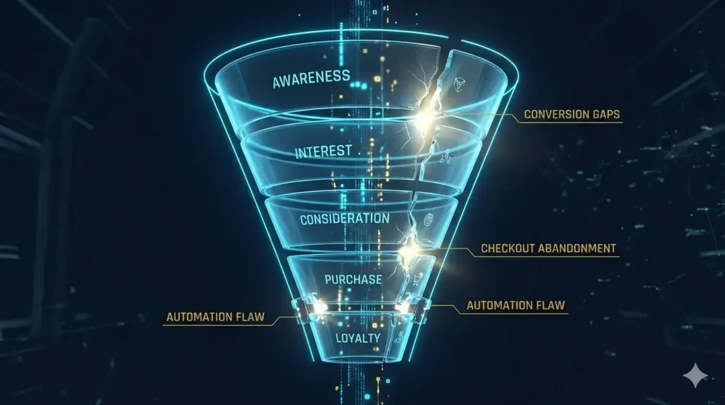 website revenue system architecture with funnel, automation and conversion gaps