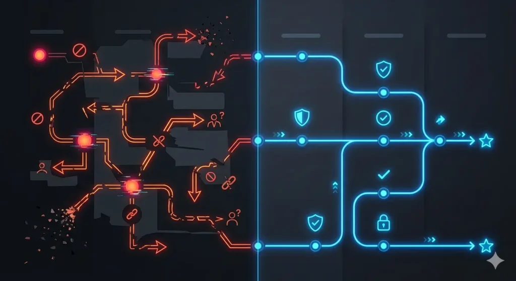 comparison of broken website user flow vs structured trust-based system
