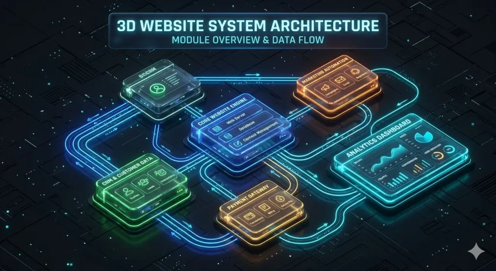 3D website system architecture modules including CRM, payment, and analytics