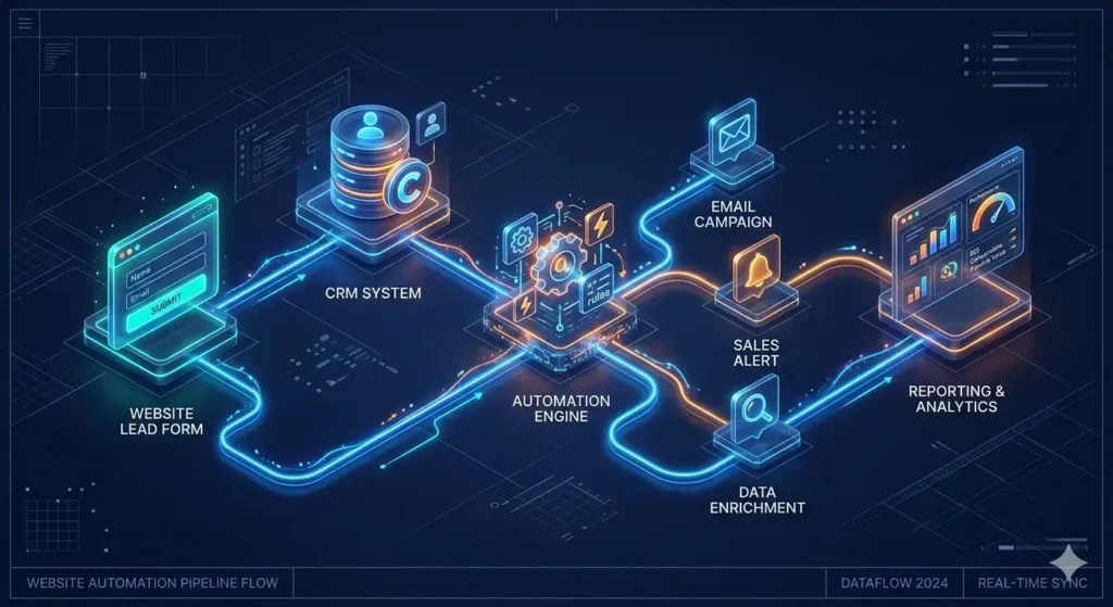 website system architecture showing CRM, automation, and analytics integration