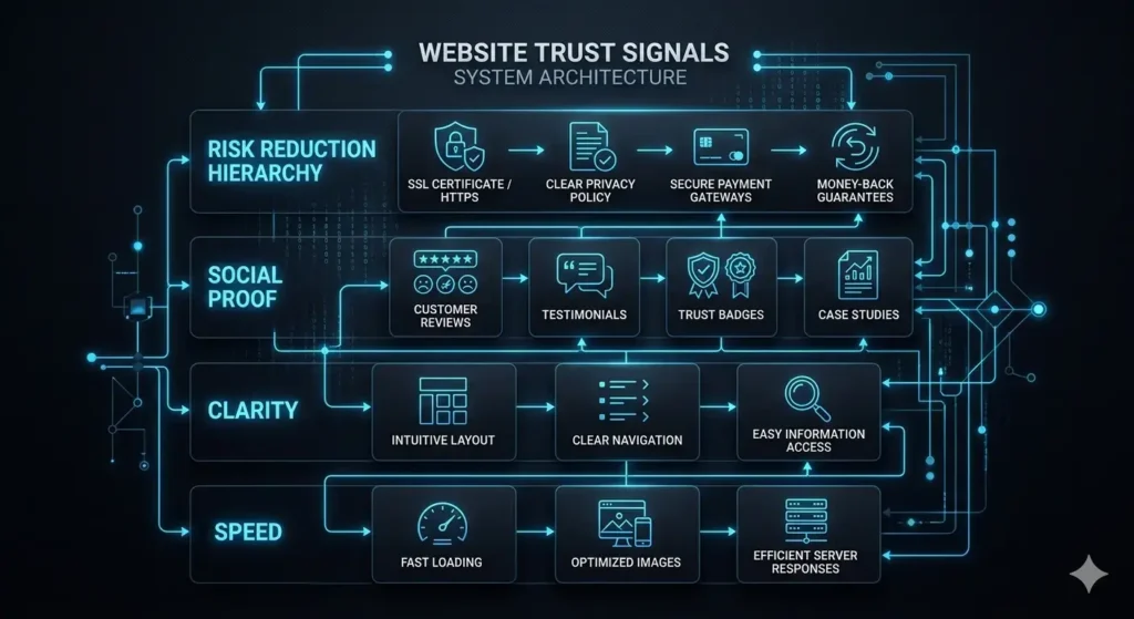 website trust architecture layers including speed clarity social proof and hierarchy