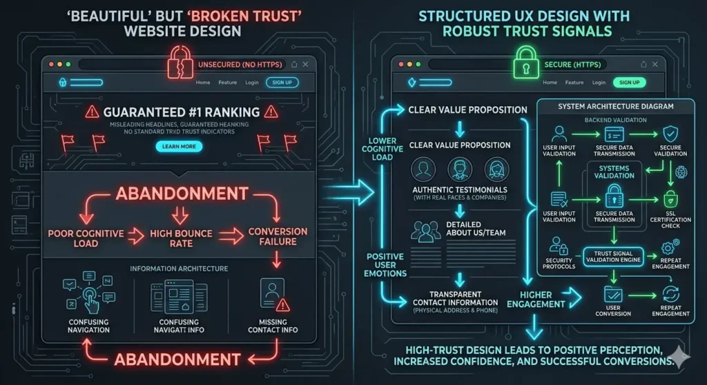 website trust signals architecture visualization showing UX structure and user flow