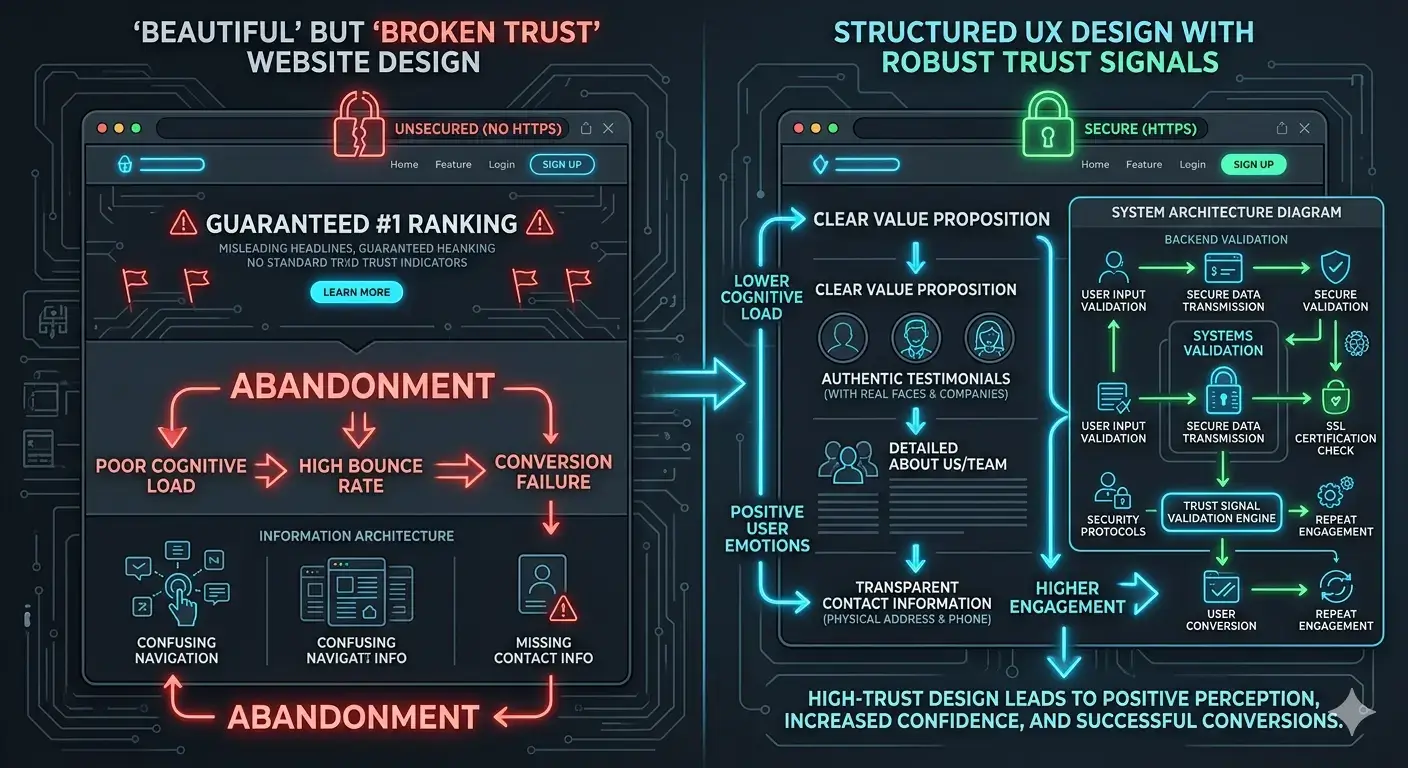 website trust signals architecture visualization showing UX structure and user flow