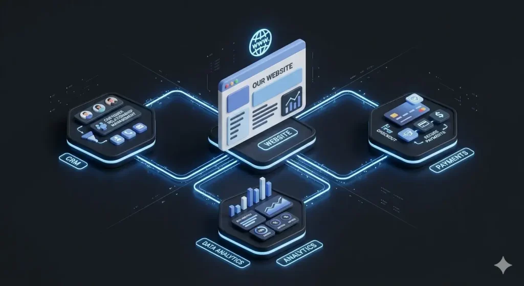 website design strategy with connected systems including CRM analytics and payments