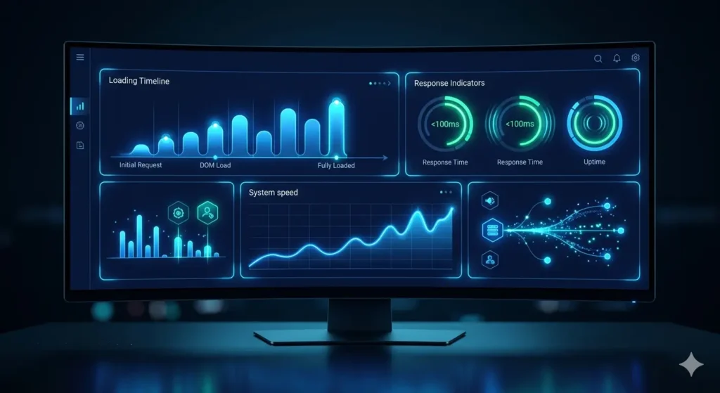 website performance system dashboard displaying loading speed and response time metrics