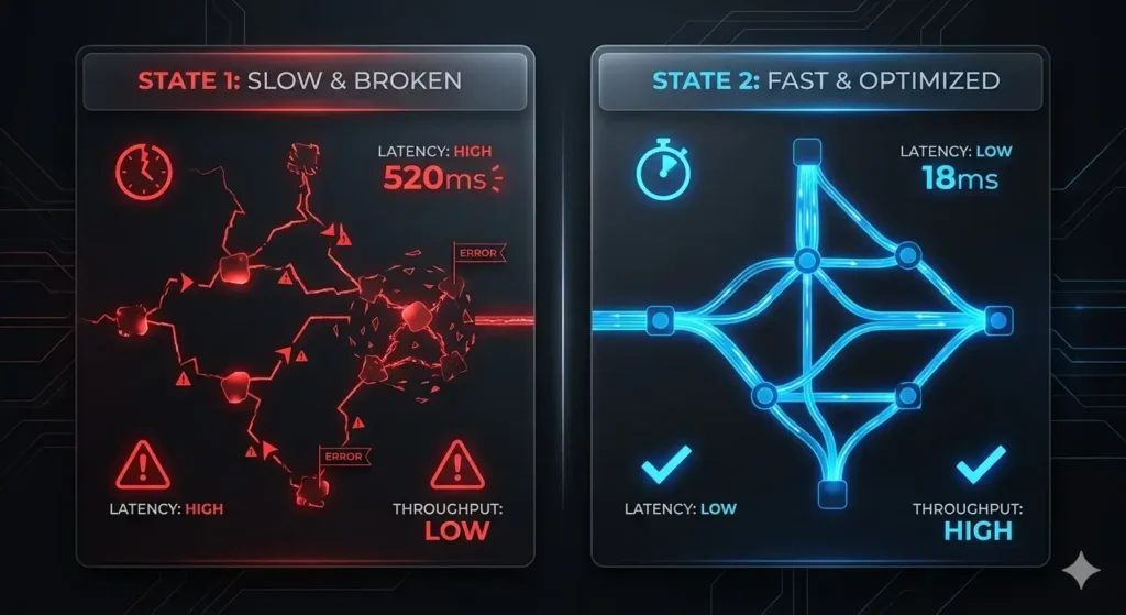 Website performance issues shown as a slow broken system versus a fast optimized system