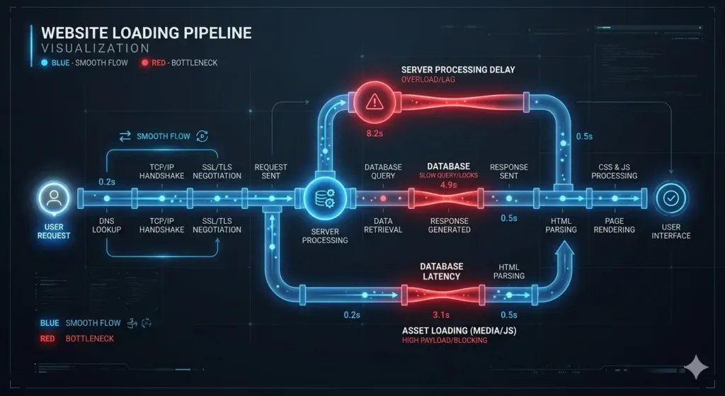 Website loading pipeline showing performance bottlenecks across server, database, assets, and page rendering