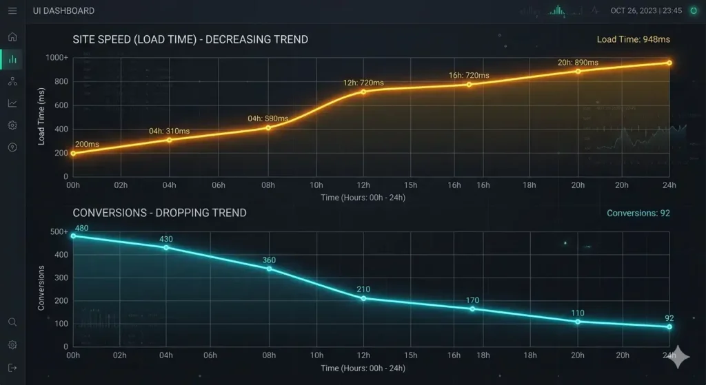 Dashboard showing load time increasing while conversions drop over time
