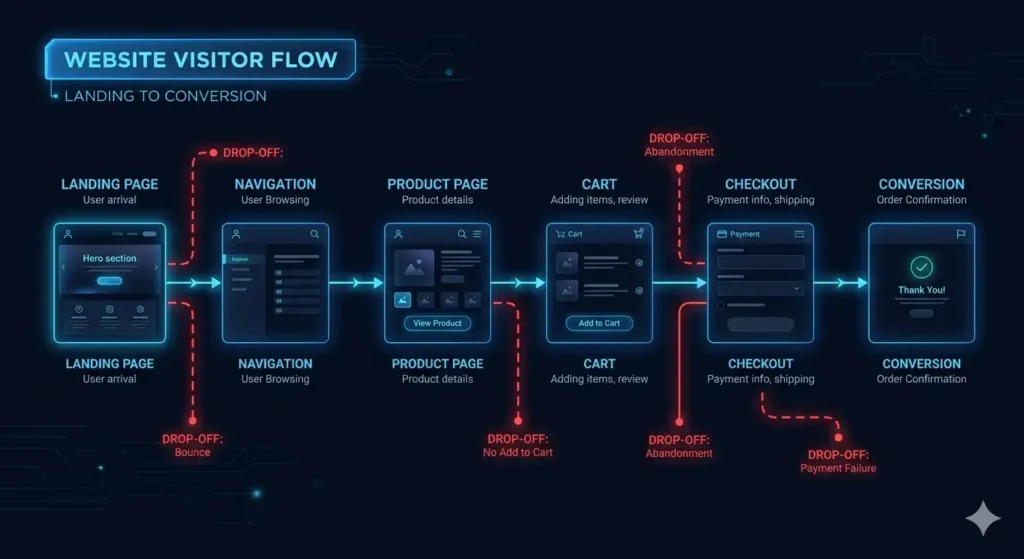 website conversion system flow with drop off points