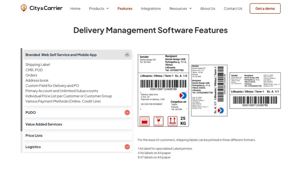 CityCarrier feature page with interactive dropdown system and dynamic content display