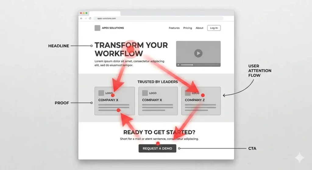 User attention flow across a website with strong visual hierarchy