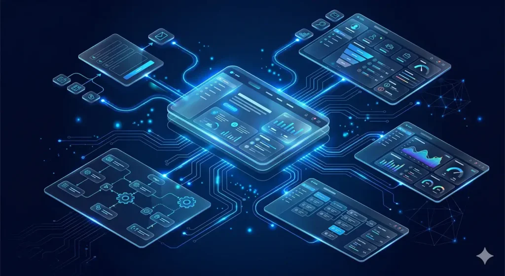 Business website strategy system connecting SEO, automation, CRM, analytics, and sales flow