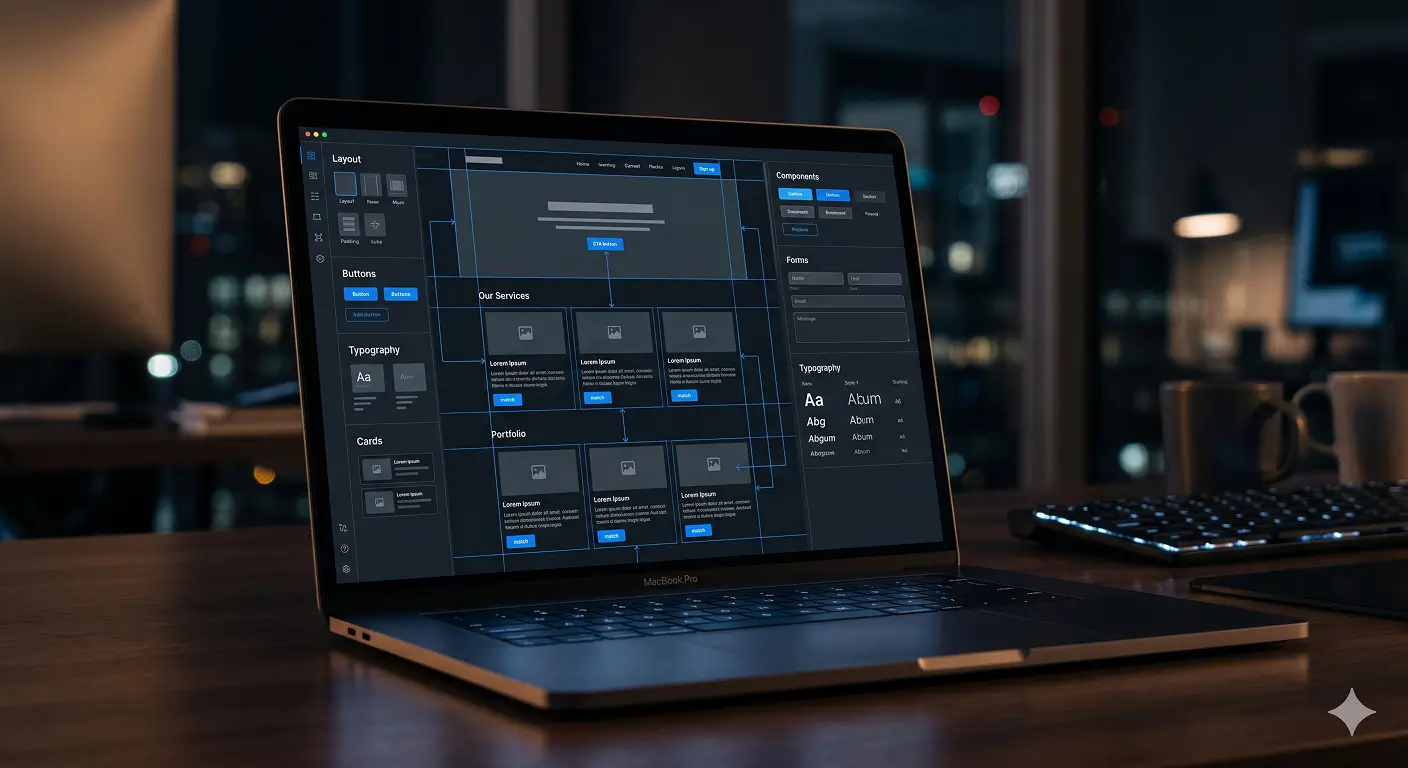 Website design consistency shown through a structured business website layout on a laptop screen.