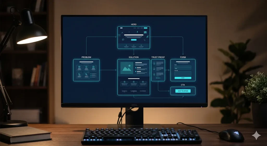 Consistent website trust flow connecting hero, proof, form, and CTA sections.