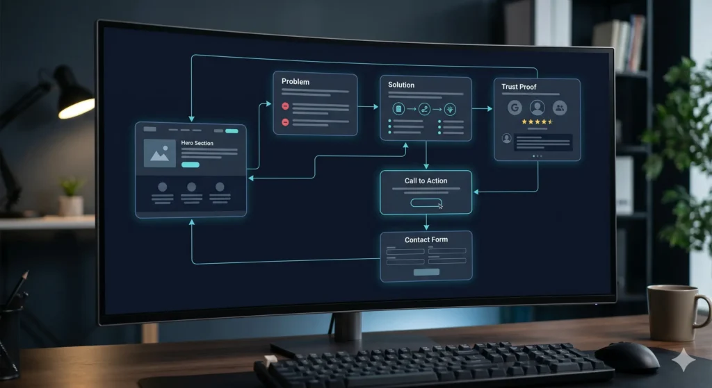 Connected website automation system linking CRM, booking, analytics, email, payment, and notifications.