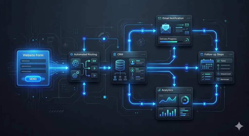 Website automation system routing leads from form to CRM and follow-up