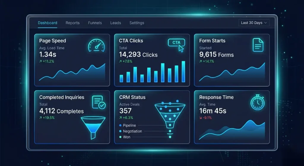 Website performance dashboard tracking user actions and business movement
