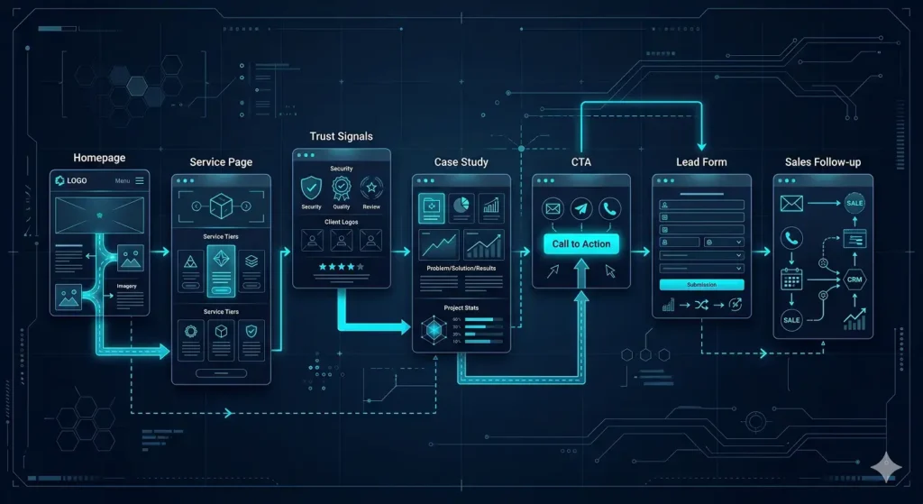 Business website decision flow from visitor to lead and sales follow-up