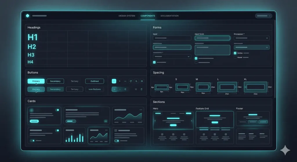 Website design system components including buttons, cards, forms, and layout patterns.