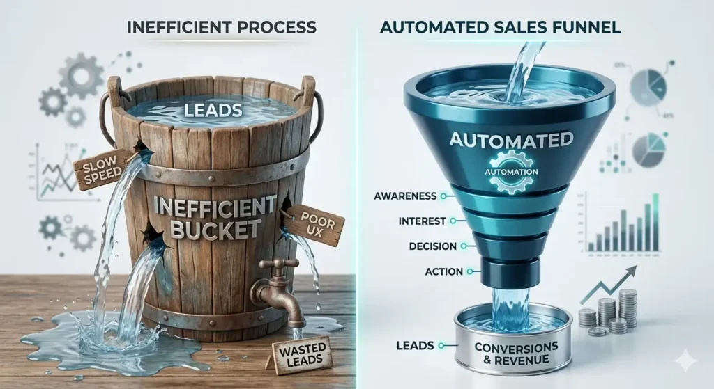 Infographic comparing a leaky marketing bucket to an optimized sales system.